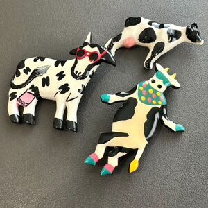 Vintage Hand Made Painted Cow Brooch Pin Set of 3 - Sunglasses Folk Art